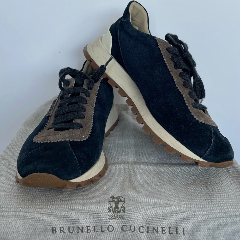 Brunello Cucinelli Navy and Tan Suede Sneakers